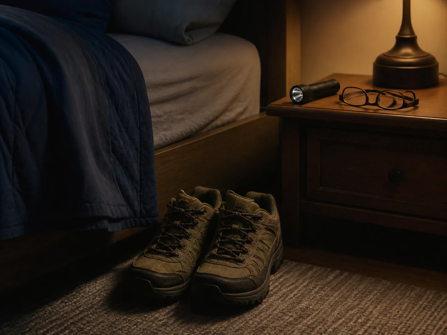 Sturdy walking shoes beside a bed at night with a flashlight and reading glasses ready for a quick evacuation