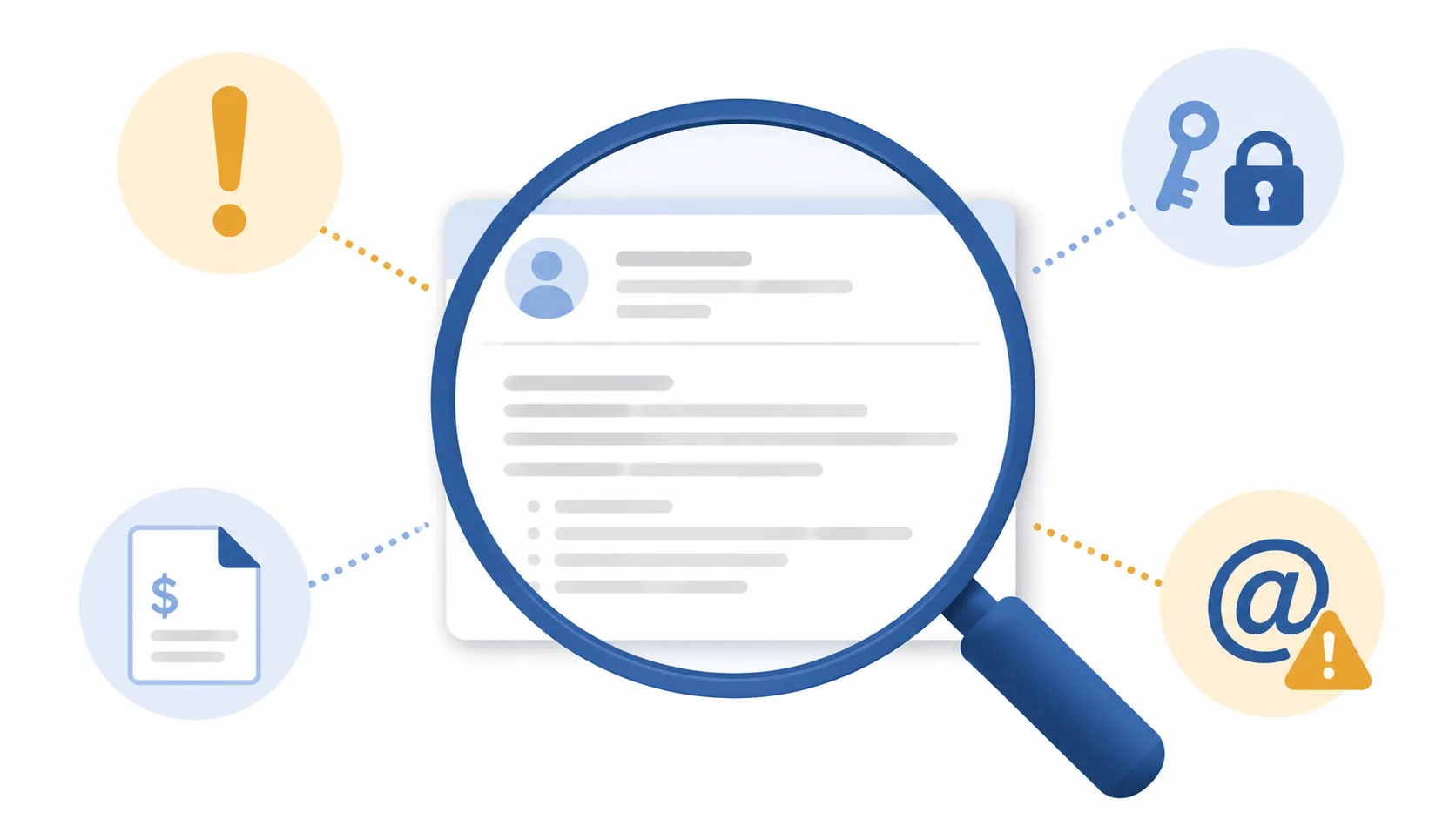 Magnifying glass over an email with warning icons for urgent language, information requests, strange invoices, and look-alike addresses