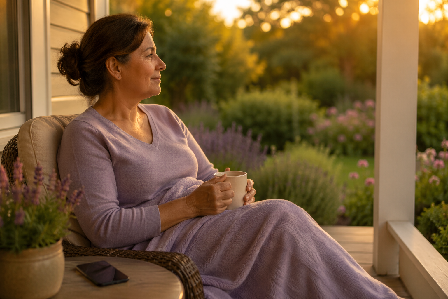 A middle-aged woman sits on a quiet porch in late afternoon light, holding a cup of tea and looking thoughtfully at a garden. A phone lies face-down beside her.