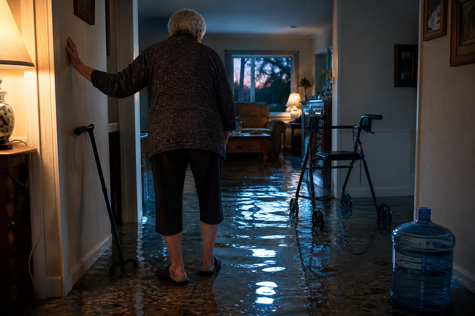 Flooded home hallway with a rollator, cane, heavy water jug, and older adult standing at the edge of shallow water