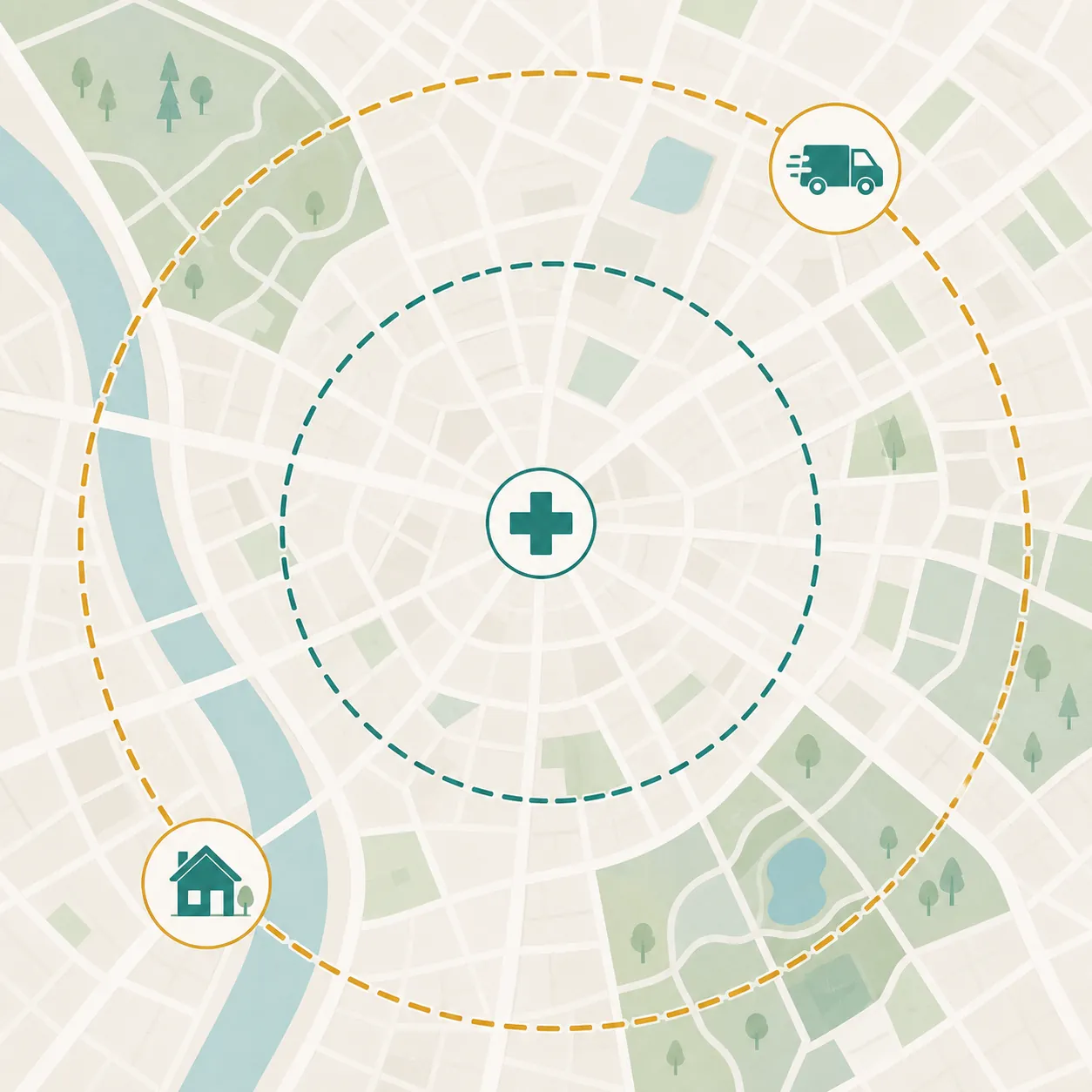 Illustration of a pharmacy map marker with dashed delivery radius circles, a delivery van, and a house