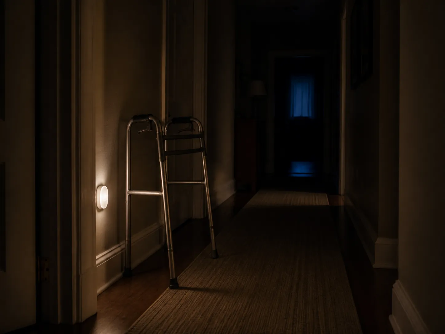 Dim hallway during a power outage with a walker, glowing nightlight, and non-slip runner