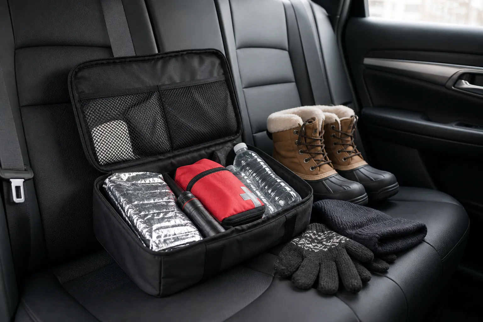 Winter emergency kit on the back seat with blanket, flashlight, water, and first-aid pouch