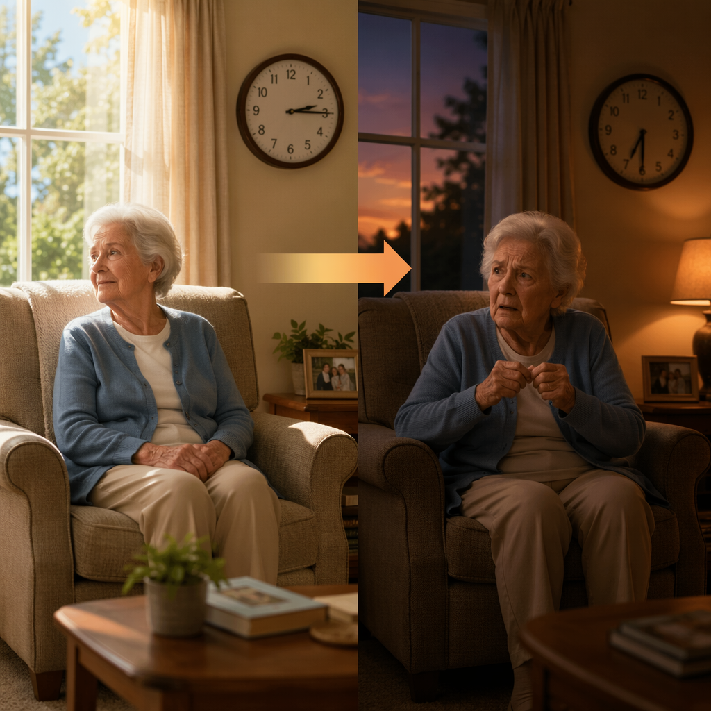 Side-by-side comparison of the same living room: left side shows a calm elderly person in a bright sunlit room with a clock showing afternoon; right side shows the same person appearing restless and confused at dusk with low warm lighting.