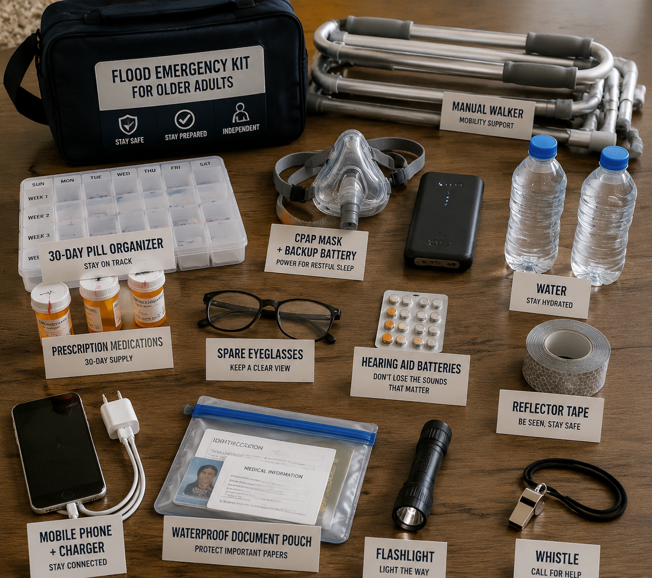 Older-adult emergency kit with pill organizer, prescriptions, CPAP mask, backup battery, eyeglasses, hearing aid batteries, flashlight, documents, and water