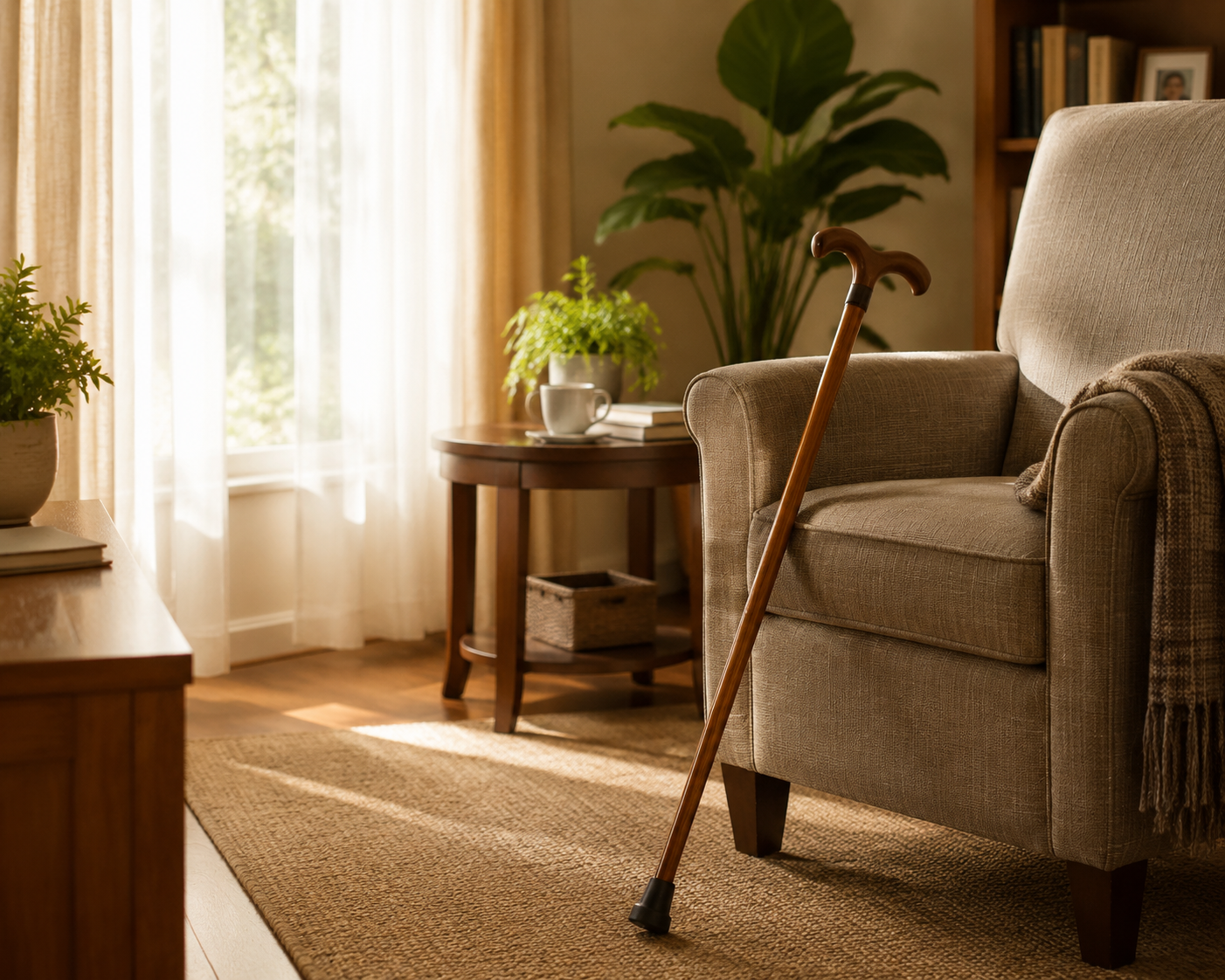 Orderly senior living space with a cane beside a sturdy chair and clear walking paths
