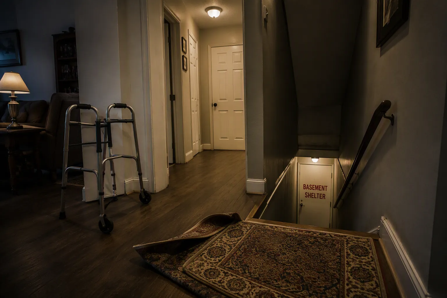 Dim hallway and stairwell with a walker near the entrance and a curled throw rug near the top of the stairs
