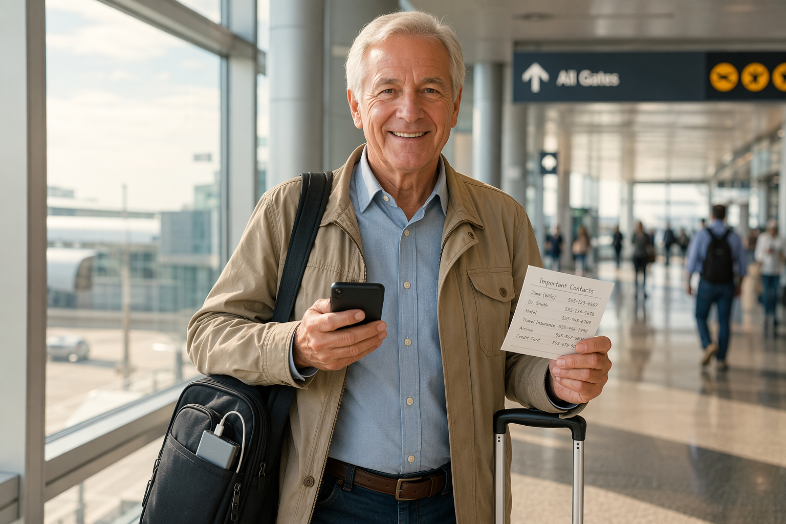 Senior traveler in an airport holding a smartphone and printed contact sheet with a battery pack in a carry-on pocket