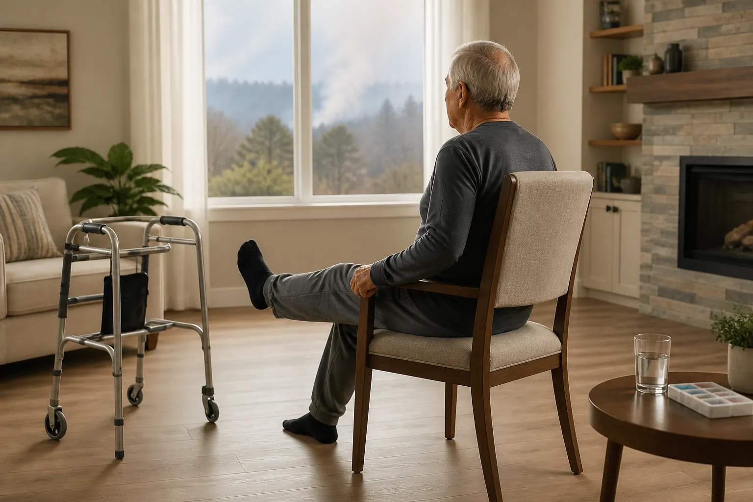 Older adult seated on a sturdy chair doing simple leg lifts with a walker, water glass, and pill organizer nearby