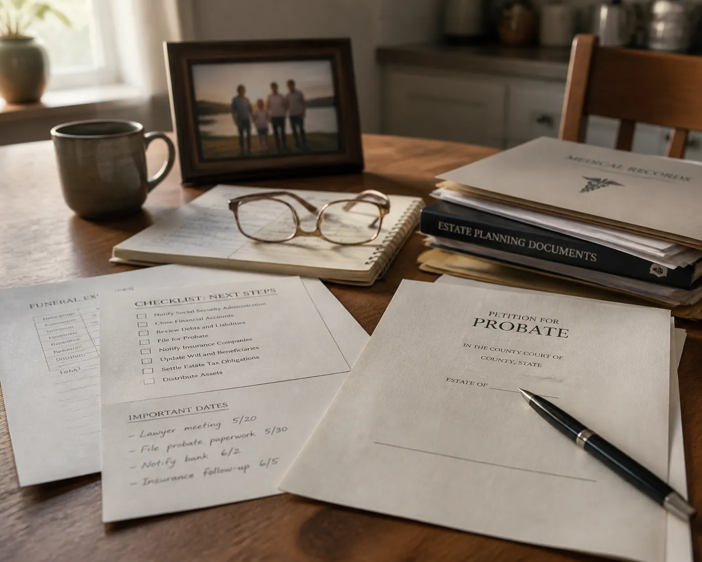 Kitchen table with official papers, reading glasses, family photo, and medical documents