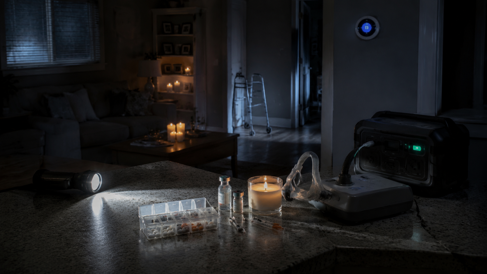Older adult's home during a blackout with a walker, medication, and a backup battery for a medical device.