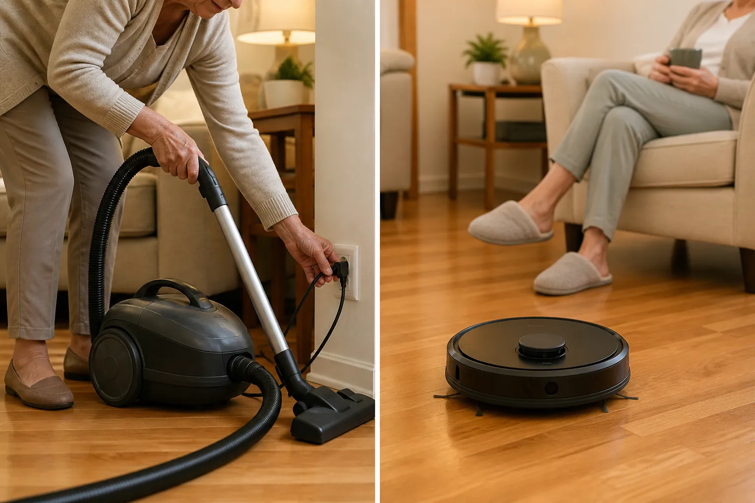 Comparison of bending to plug in a canister vacuum and resting while a robot vacuum cleans a clear floor