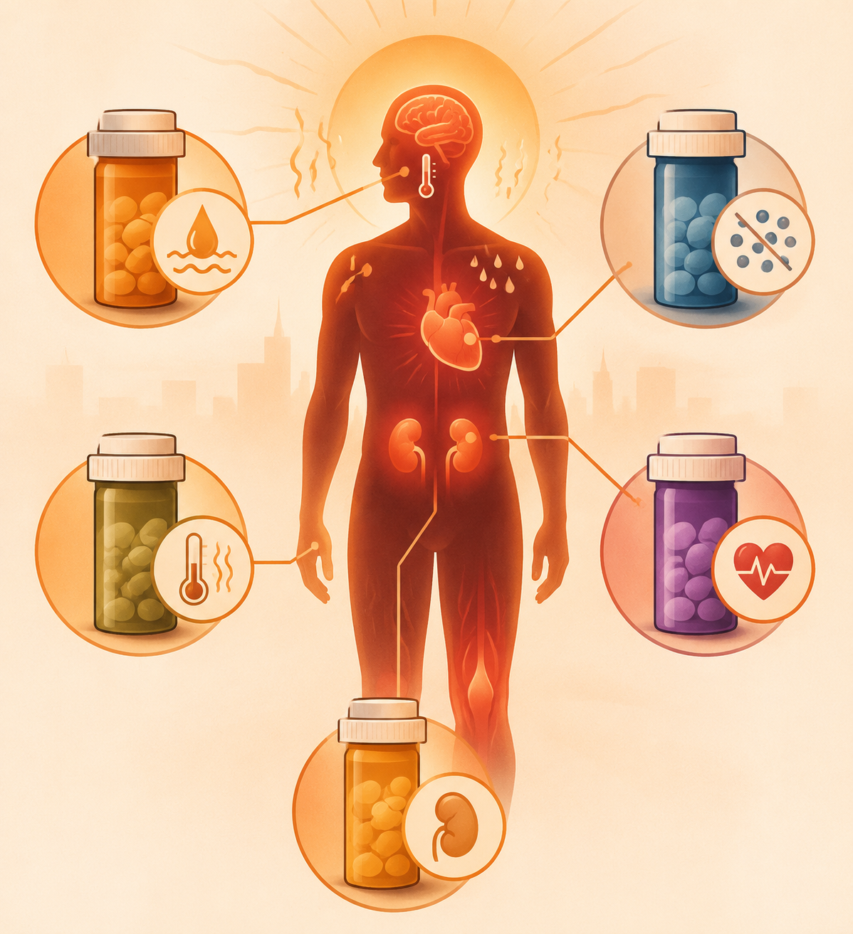 A medical-style illustration showing a human silhouette surrounded by pill bottles and heat stress cues.