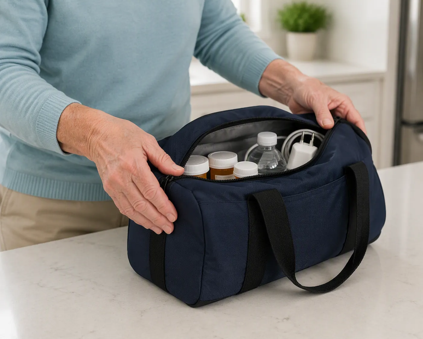 Small go-bag on a kitchen counter with medication bottles, water, and a phone charger