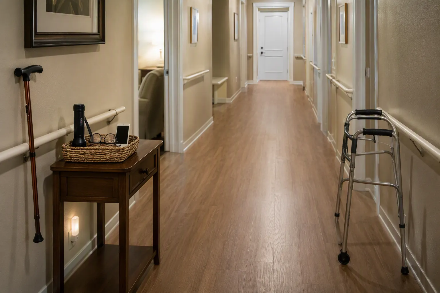 Clear senior home hallway prepared for tornado sheltering with walker, cane, nightlight, flashlight, glasses, phone, and an unobstructed floor