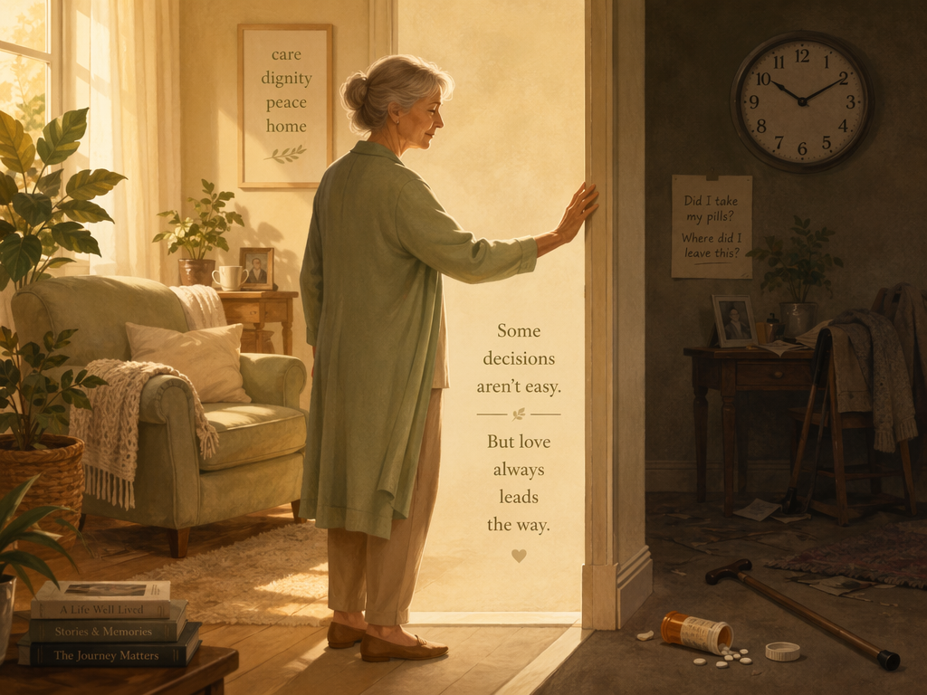 A warm editorial illustration of a metaphorical doorway threshold. One side glows with soft amber light showing a comfortable armchair and plants. The other side shows subtle safety cues: a scattered pill bottle, a fallen cane, and a clock. A gentle figure rests a hand on the doorframe at the threshold.