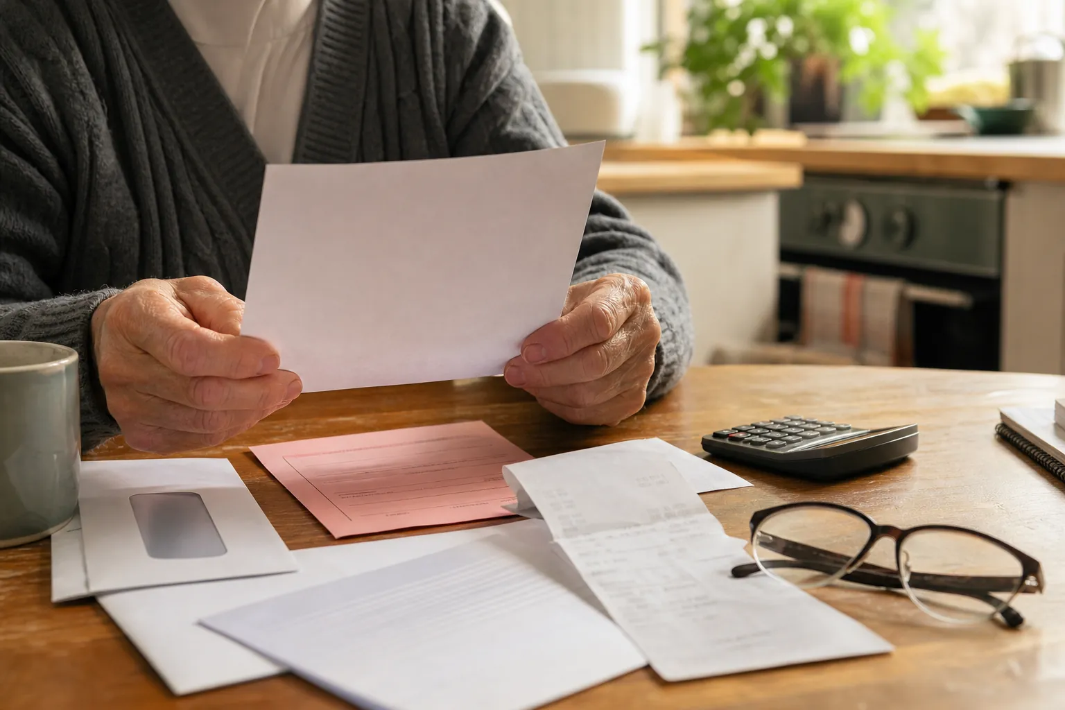 Older adult reviewing a benefit statement beside pharmacy receipts, rent notice, insurance mailer, heating bill, calculator, and reading glasses