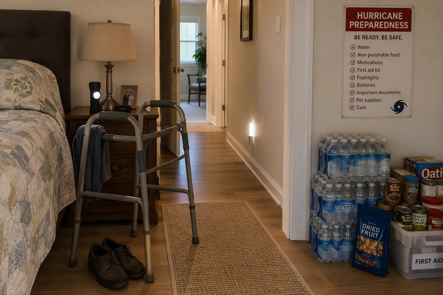 Prepared bedroom and hallway with a walker beside the bed, flashlight on the nightstand, motion light on the wall, emergency supplies staged outside the walking path, and a non-slip rug