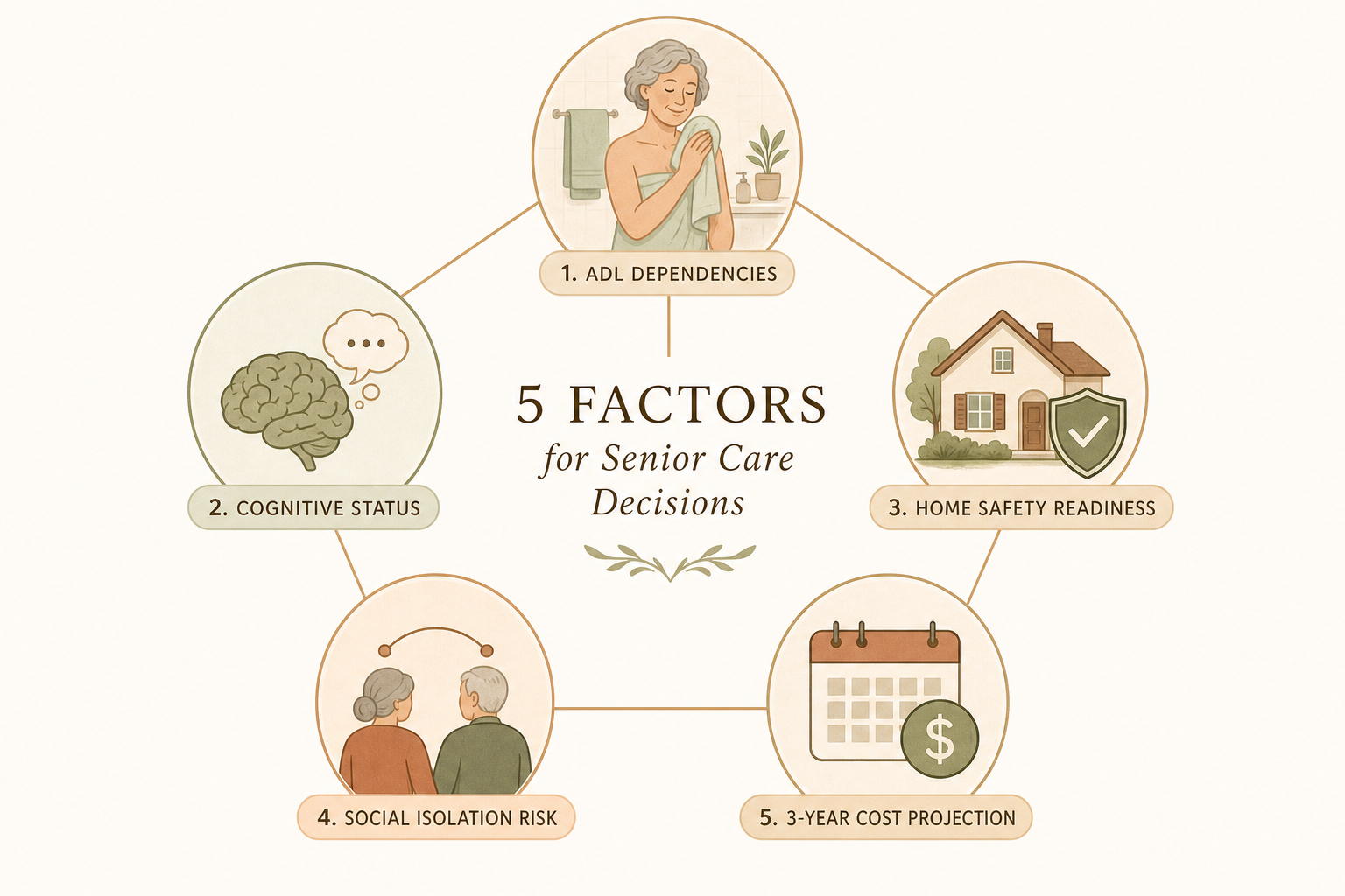 A modern editorial five-factor decision framework diagram showing five circular icons arranged in a connected layout: a daily tasks icon, a brain symbol, a house with a shield, two figures with a connection line, and a calendar with a dollar sign.