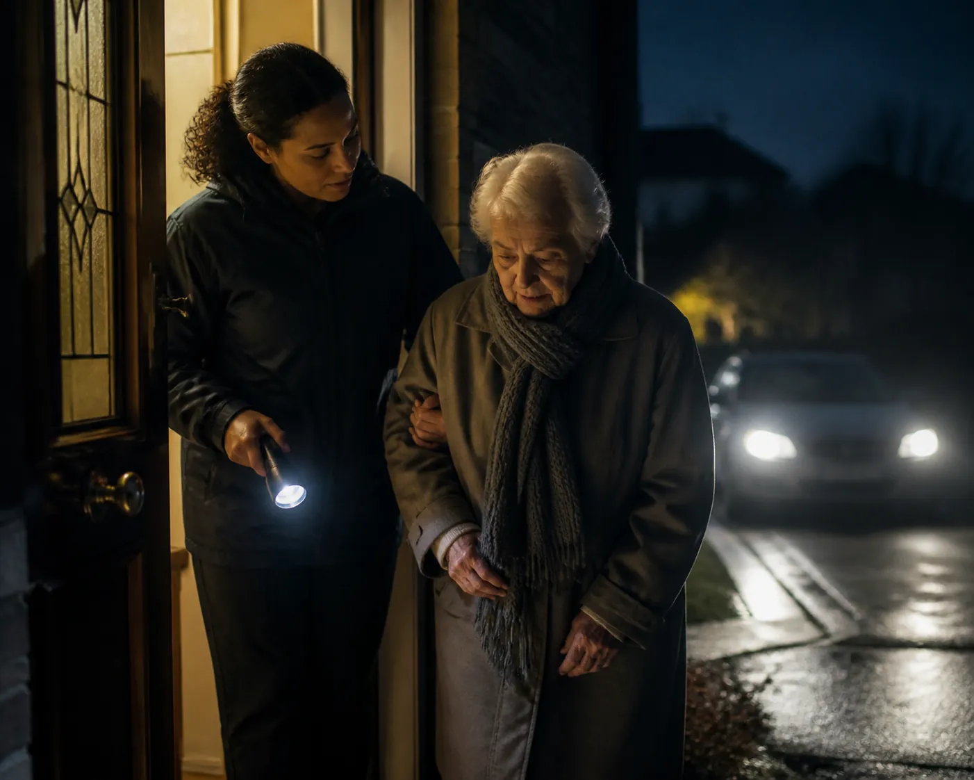A caregiver helping an older parent in a coat step out of a dim doorway toward a car during a nighttime outage