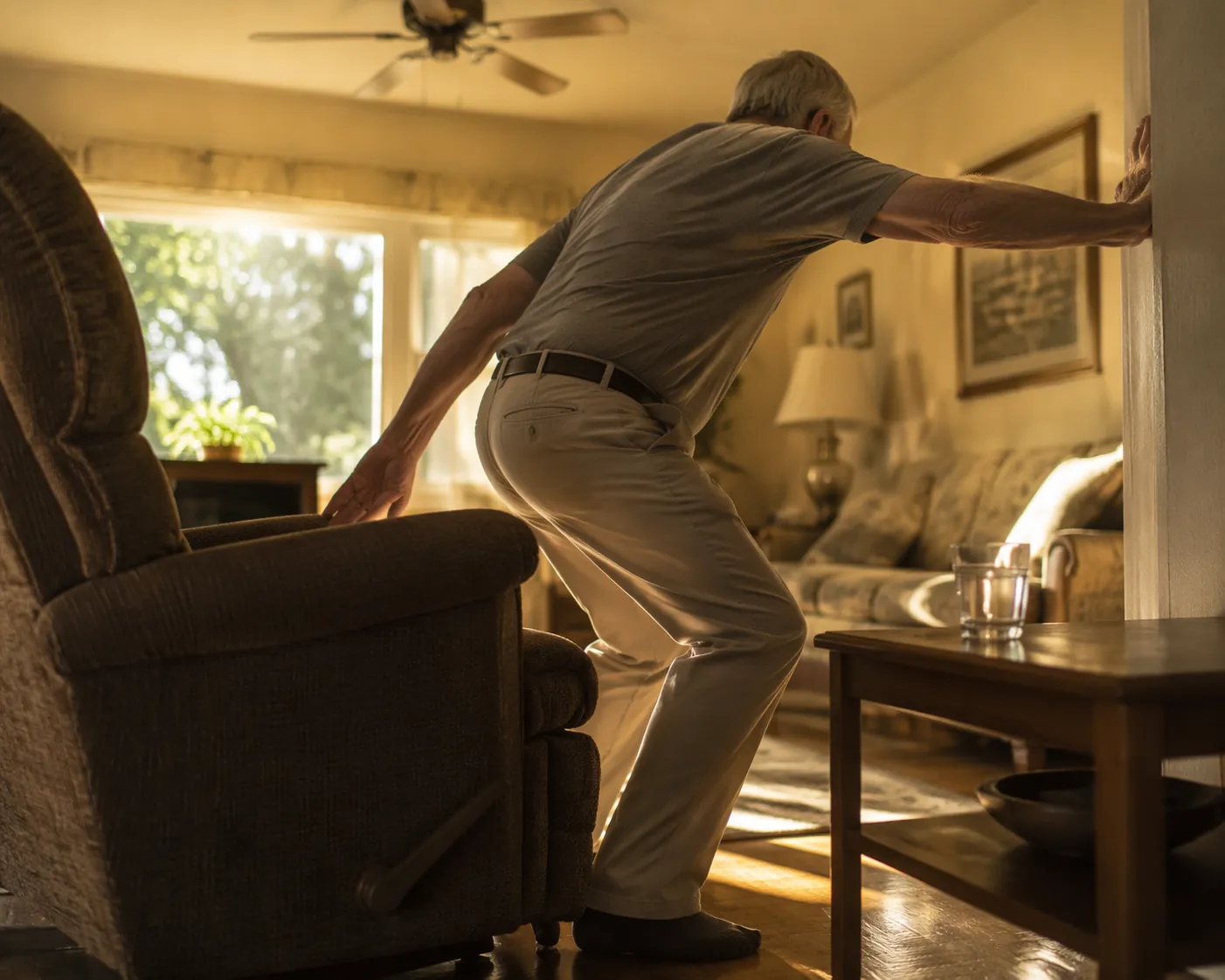 Older adult standing slowly from a recliner in a warm living room with water out of reach