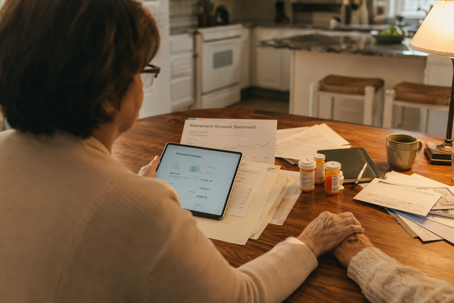 A middle-aged caregiver at a kitchen table with an elderly parent, financial paperwork, a retirement statement, and prescription bottles