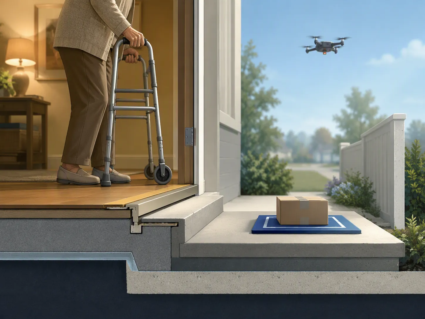 An older adult with a walker paused at a doorway threshold while a small package sits a short distance away outside