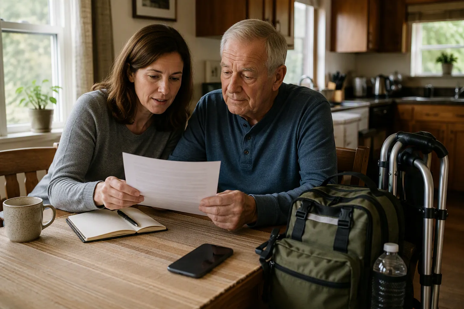 Adult daughter and older father reviewing an emergency planning document at a kitchen table with a walker and packed go-bag nearby
