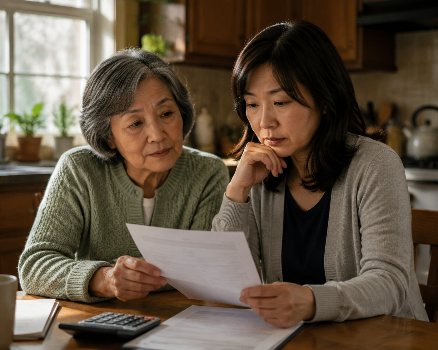 A senior mother and adult daughter review financial paperwork and a calculator at the kitchen table.