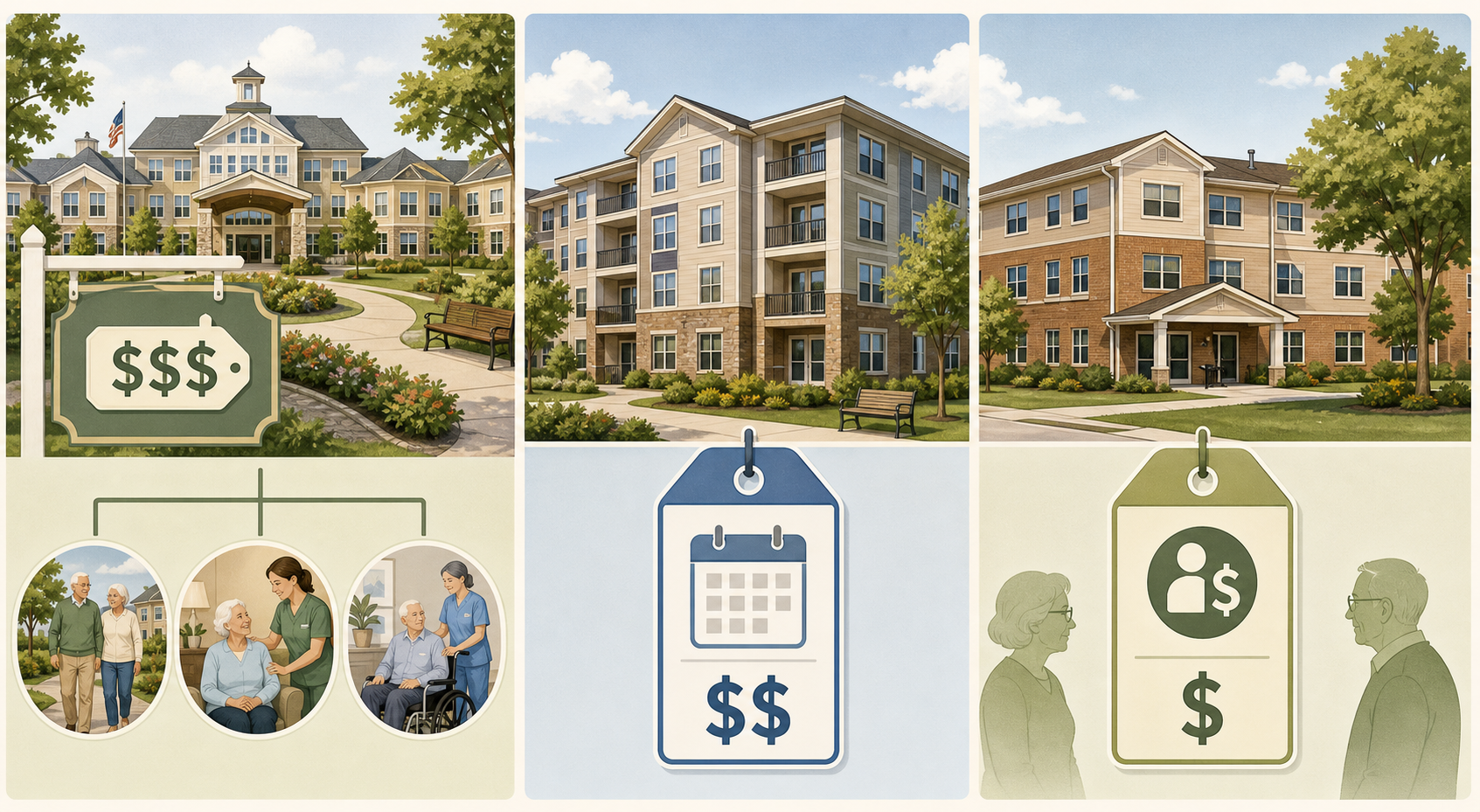 An editorial comparison illustration showing three senior living pricing models side by side. Left: a CCRC campus with interconnected buildings representing independent living, assisted living, and skilled nursing with an entrance fee symbol. Center: a simpler apartment building representing rental-only independent living with a monthly rent symbol. Right: a modest building representing income-based affordable housing. Soft sage green, cream, and blue color palette.