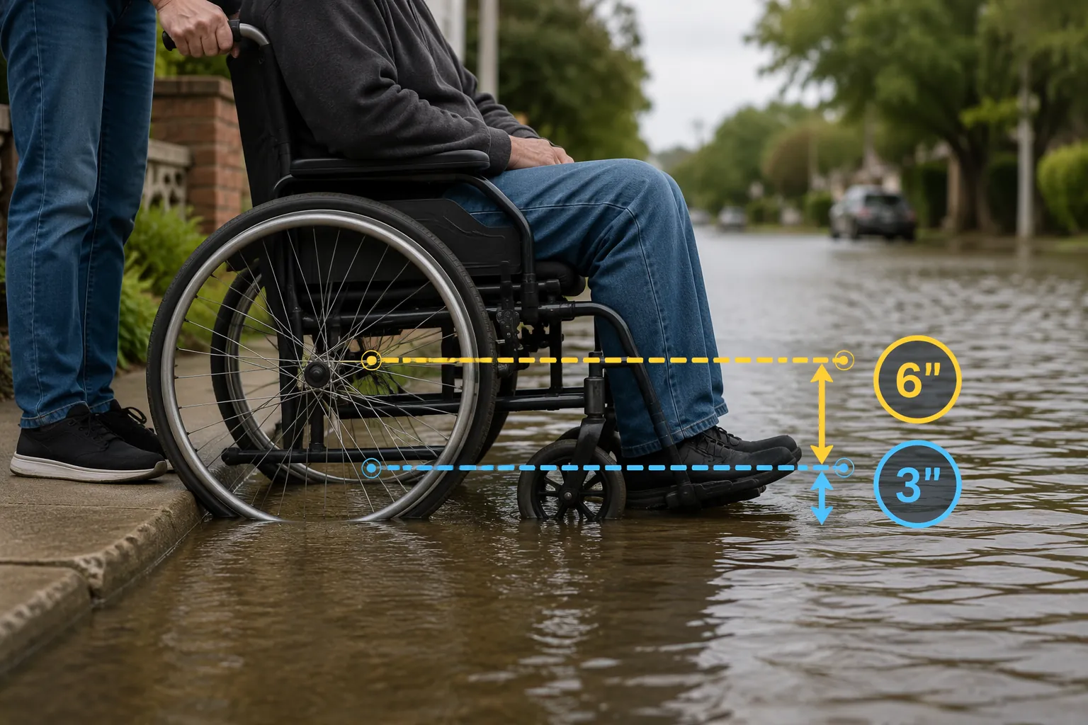 Wheelchair in shallow floodwater with 3-inch and 6-inch depth markers