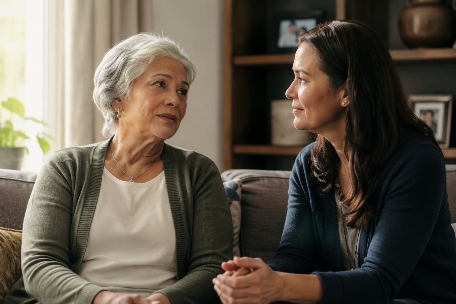 An older woman in her late 60s sits beside her adult daughter in a sunlit living room, both leaning into a quiet conversation.