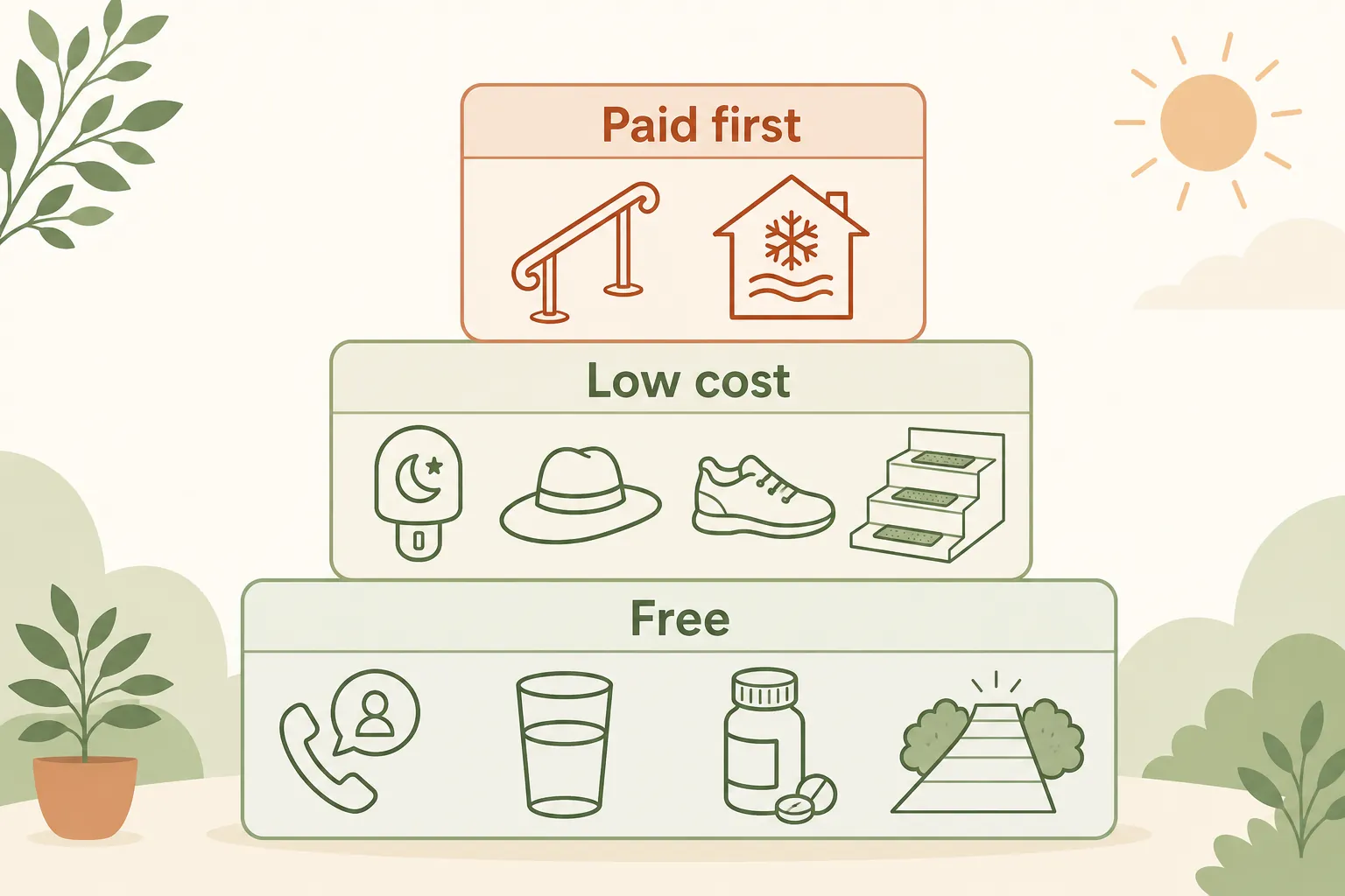 Three-tier summer safety priority stack showing free, low-cost, and paid-first actions for older adults