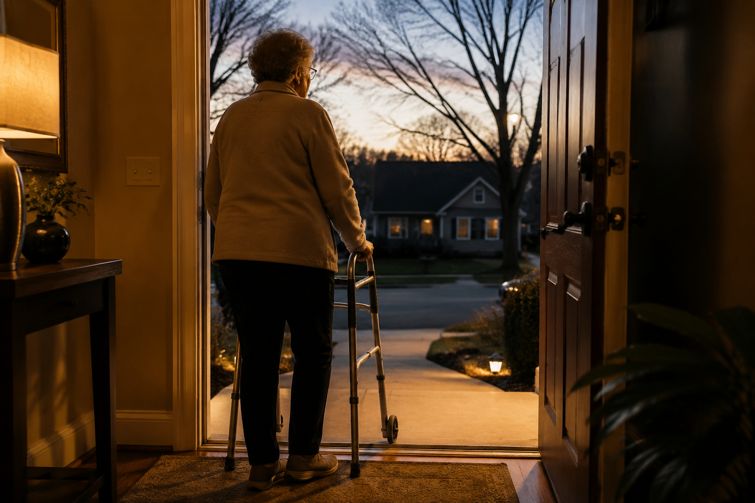 Older adult using a walker at an open home doorway at dusk
