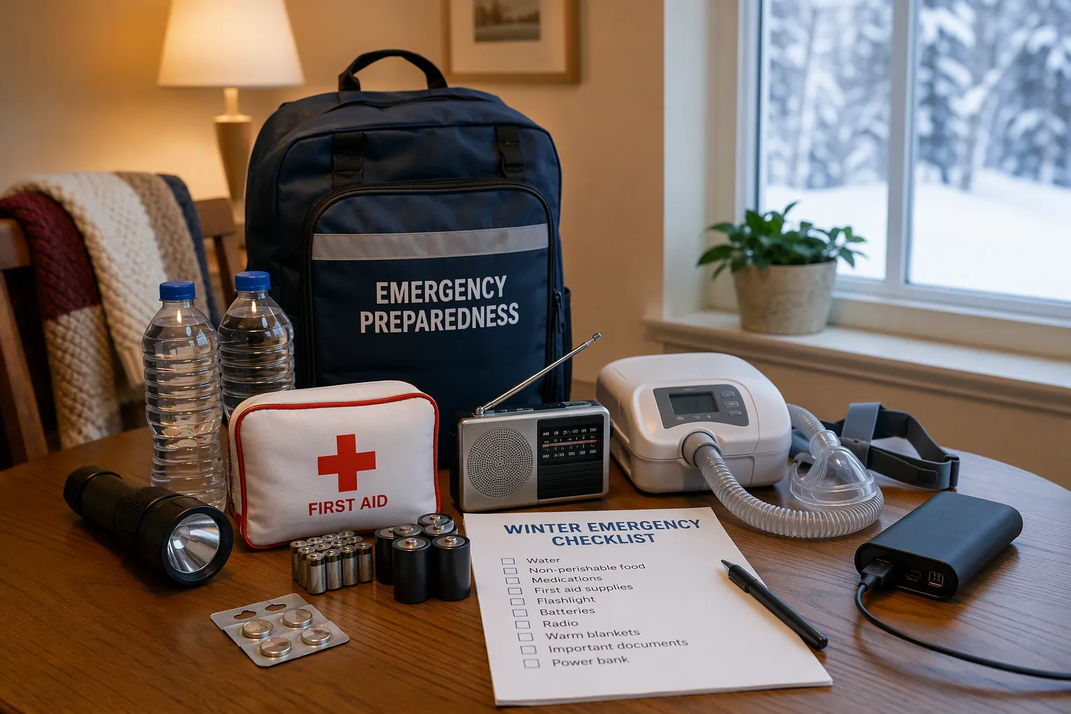 Organized winter emergency kit with flashlight, batteries, radio, water, first aid supplies, CPAP machine, power bank, hearing aid batteries, large-print checklist, and warm blankets near a snowy window