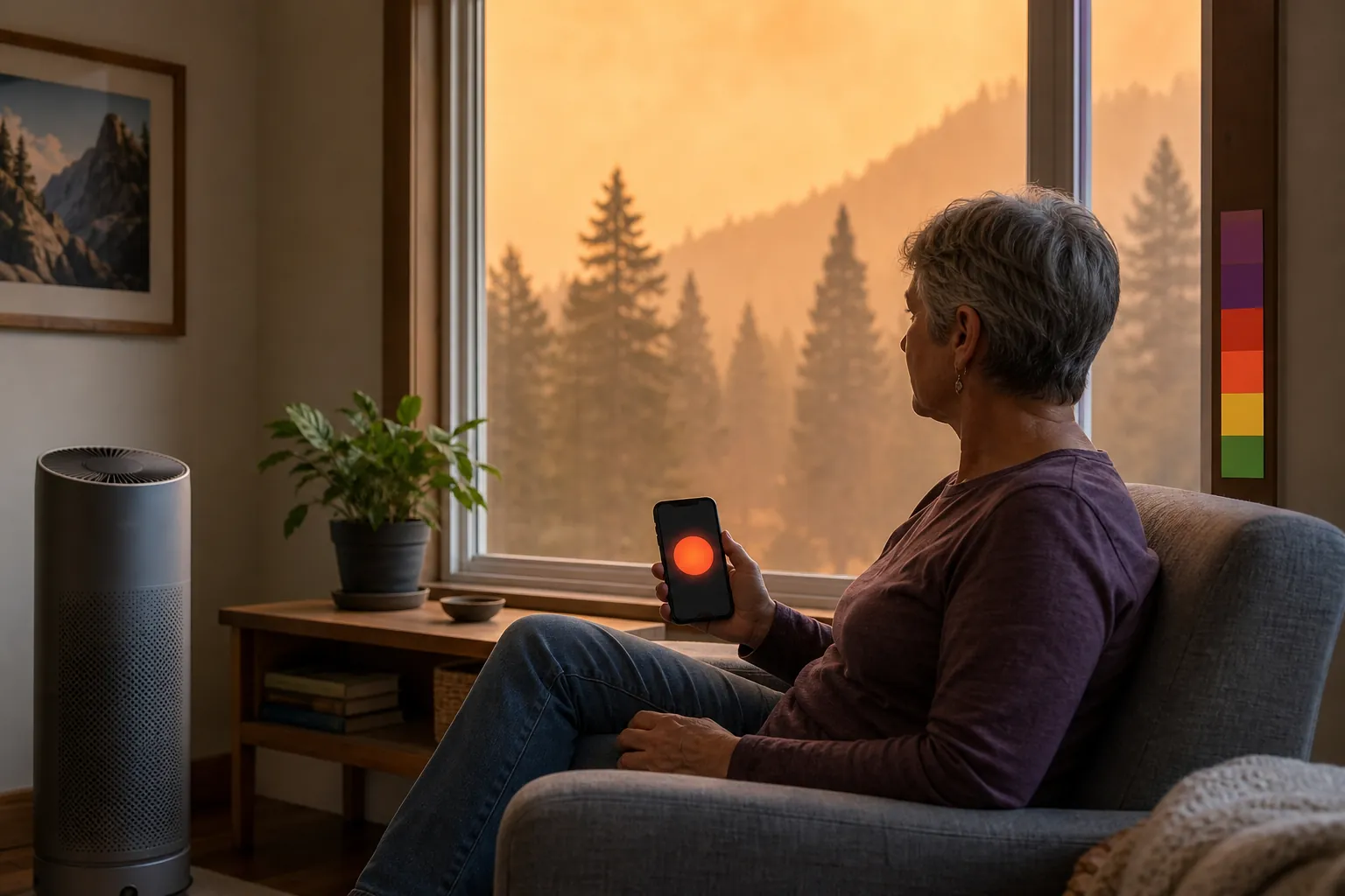 Older adult in a living room checking a red-orange air quality alert on a smartphone while an air cleaner runs near a hazy window