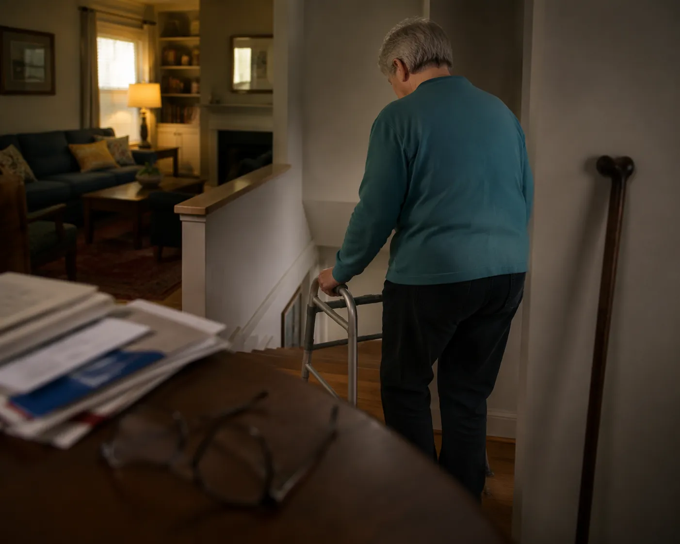Older adult hesitating at the top of a short staircase with a walker, with mail, glasses, and a cane on a nearby table