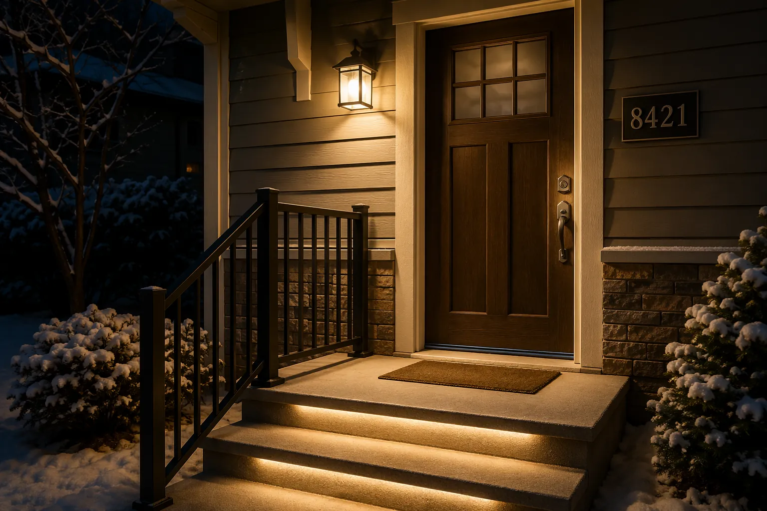 A properly lit home entrance where the door lock, handle, landing, step edges, and railing are visible