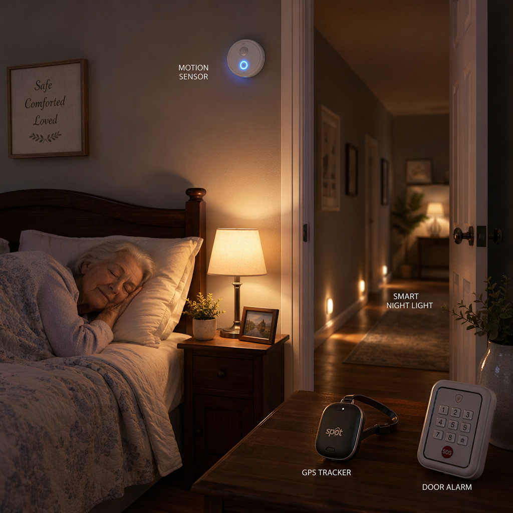 A reassuring nighttime home scene: an elderly person sleeps peacefully while a motion sensor glows on the wall, a smart nightlight illuminates the hallway, and a GPS tracker and keypad door alarm rest on a small table near the door.