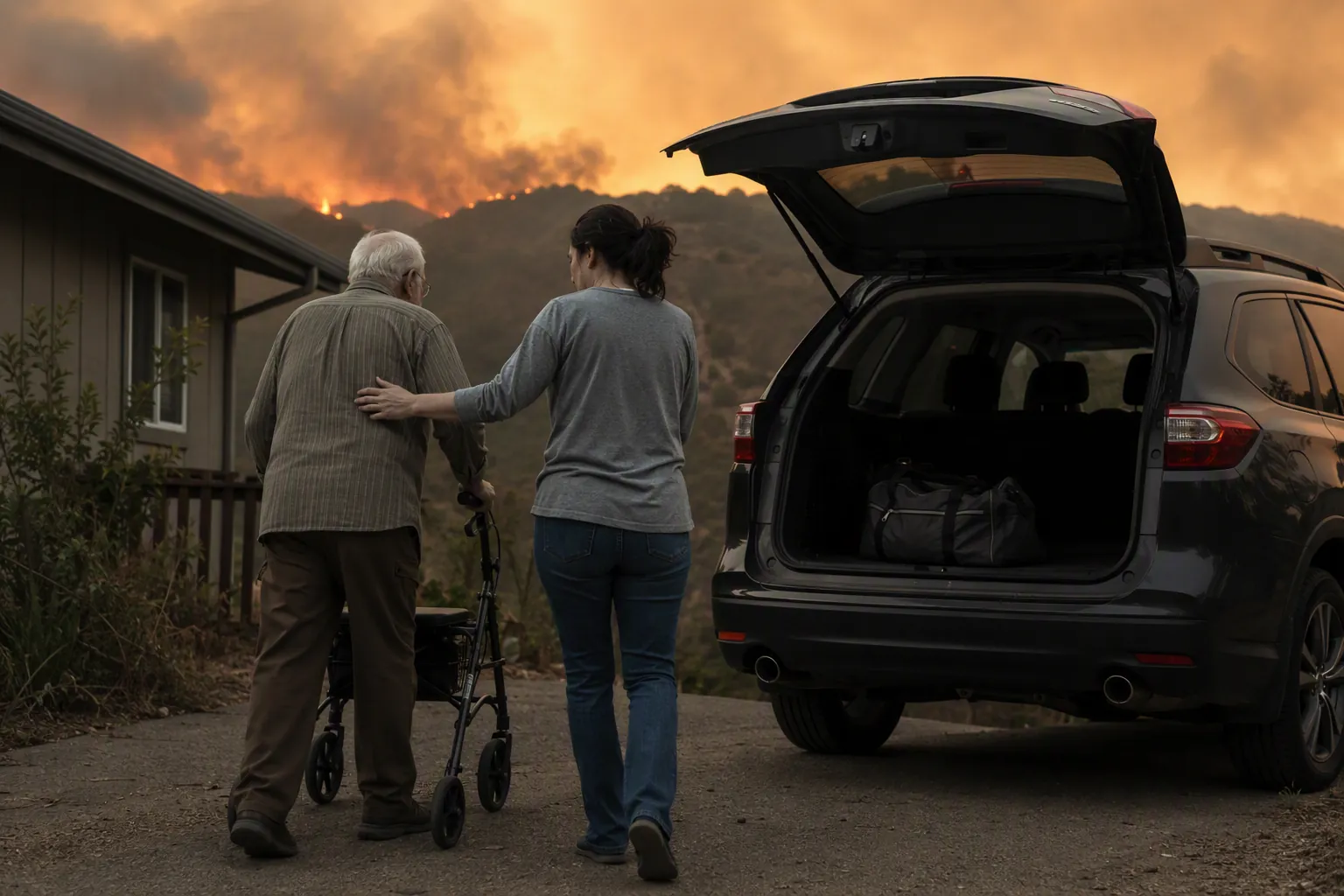 Adult daughter helps her elderly father with a wheeled walker move toward an SUV during a smoky wildfire evacuation