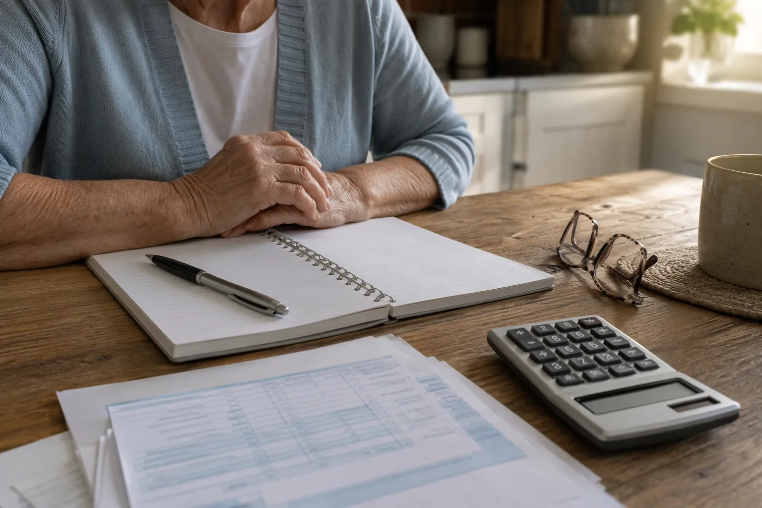 Hands at a kitchen table with a spiral notebook, calculator, and Social Security benefit statement