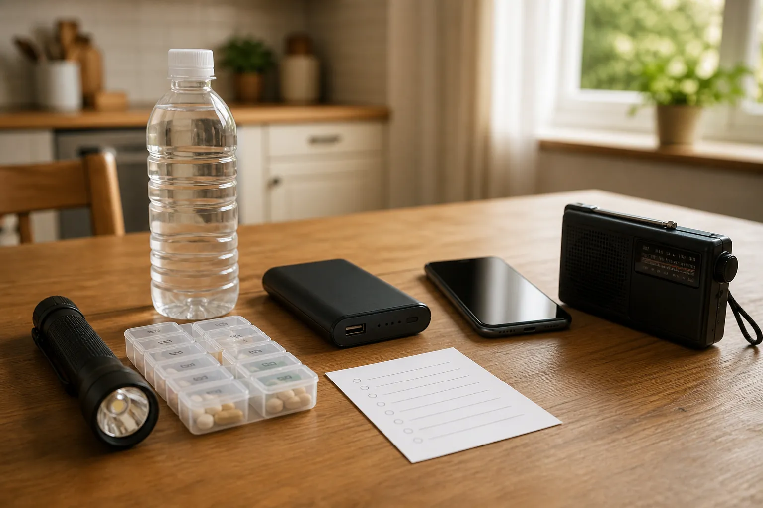 A kitchen table with a flashlight, pill organizer, water, power bank, smartphone, radio, and blank checklist card