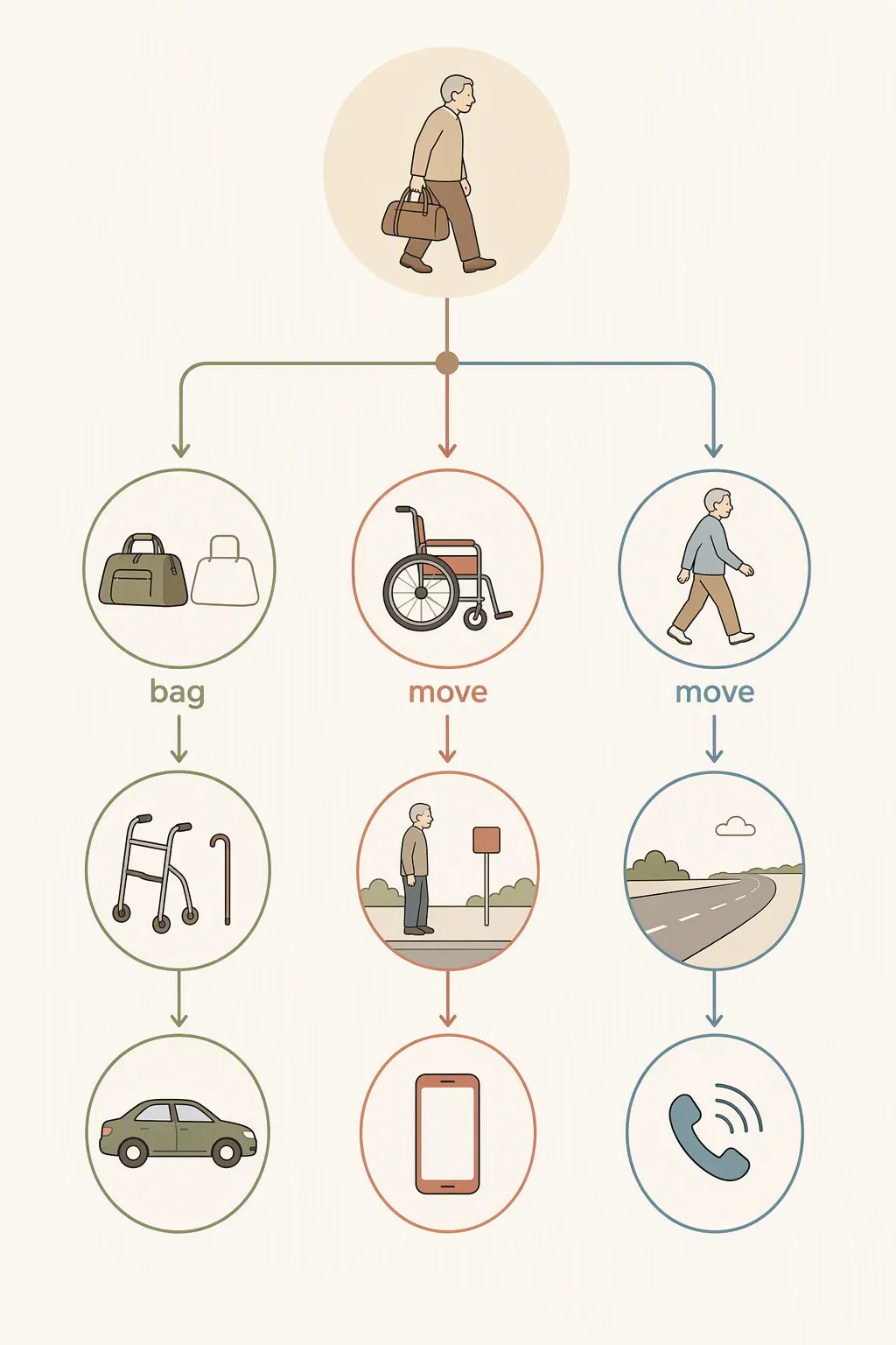 Decision-tree diagram for the first minutes after an evacuation order, with branches for bag readiness, mobility, and transportation