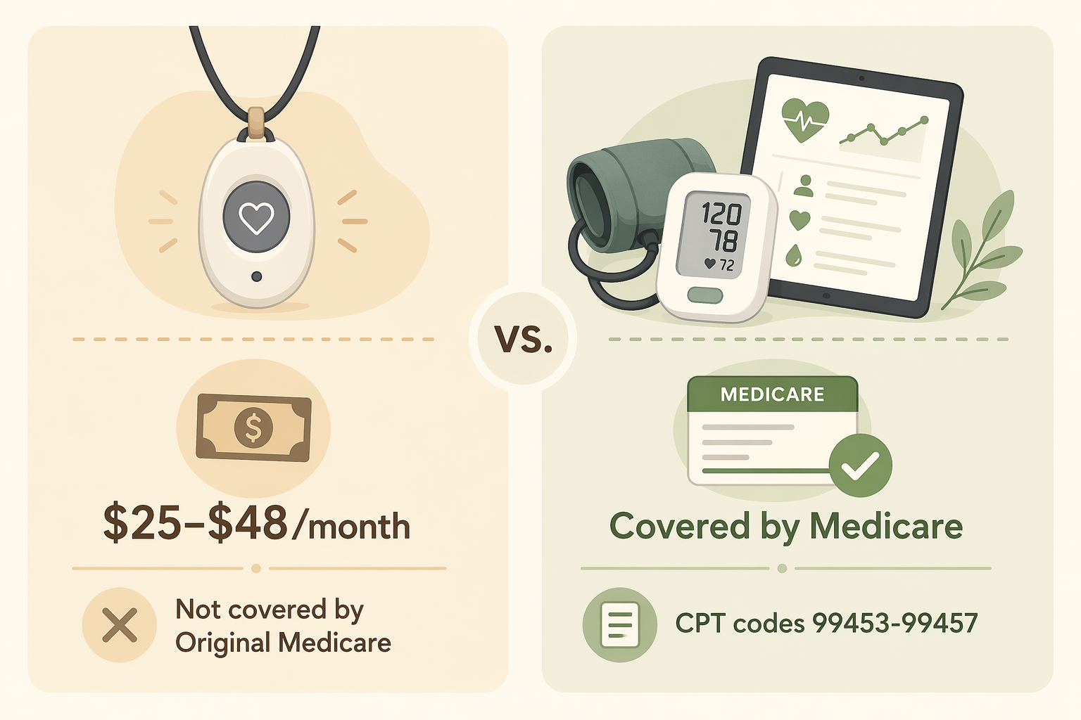 Cost comparison: left shows a pendant icon above '$25-$48/month' with 'Not covered by Original Medicare' note. Right shows a blood pressure cuff and tablet above a Medicare card icon with checkmark and 'Covered by Medicare CPT codes 99453-99457'.