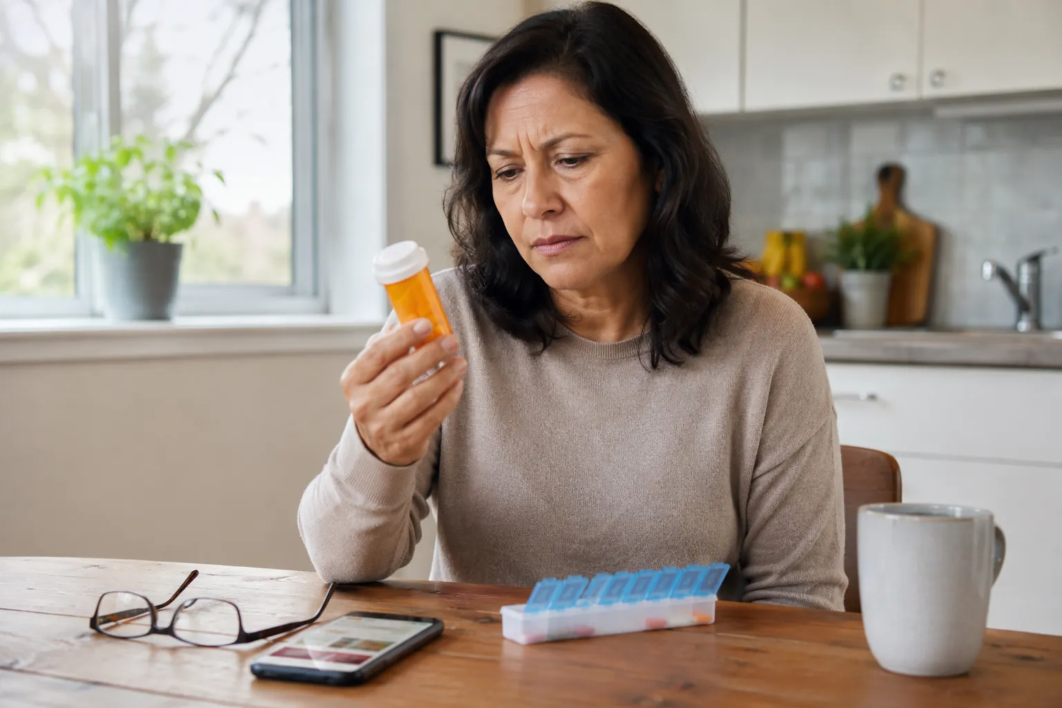 A caregiver checks the label on an orange medication bottle at a kitchen table