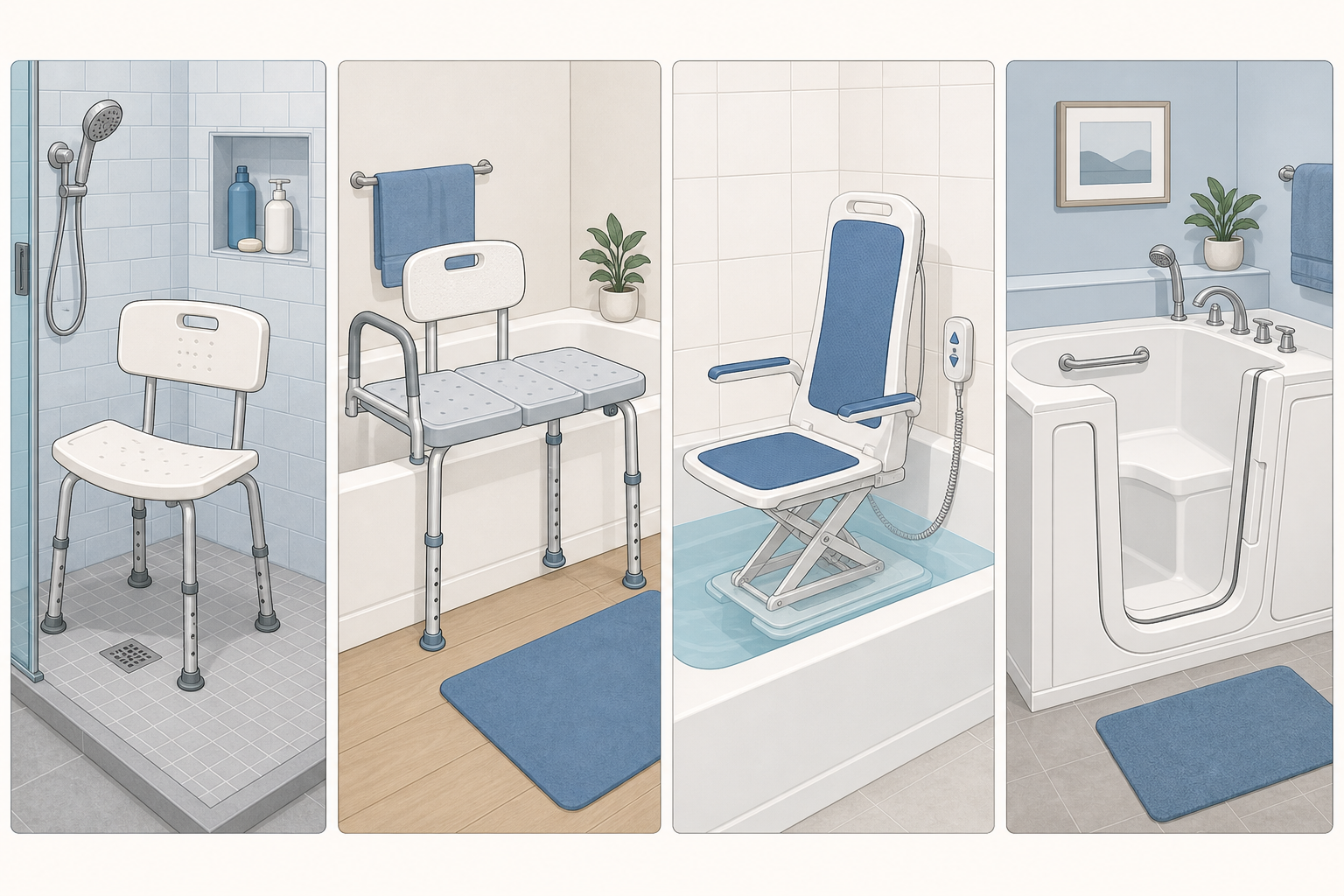 Four types of elderly bathing safety equipment in a side-by-side flat-vector illustration: a shower chair with backrest in a tiled shower, a transfer bench straddling a bathtub edge, a bath lift chair with lift mechanism inside a tub, and a walk-in tub with a door and built-in seat.