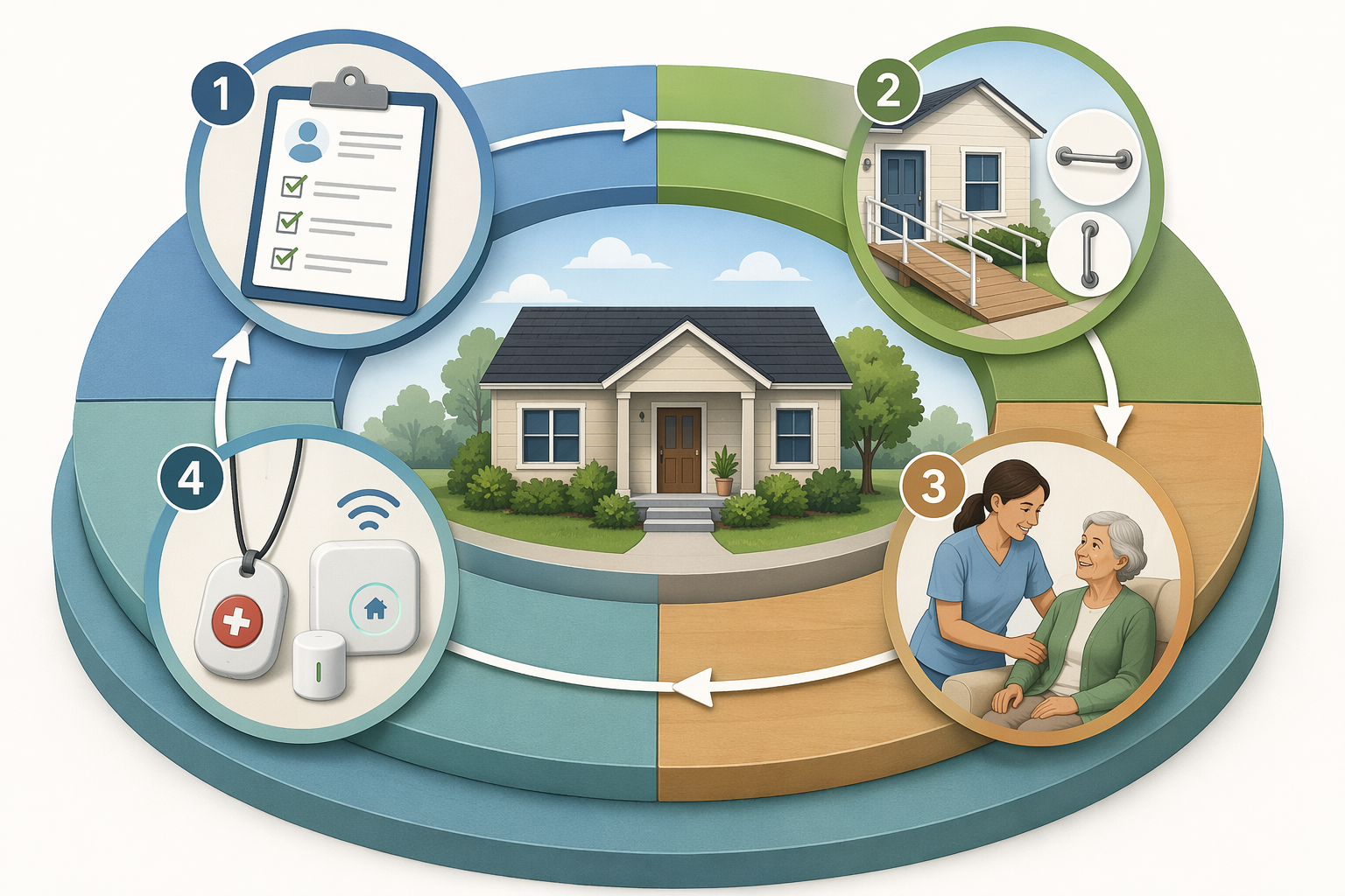 Four connected service layers around a house icon: assessment clipboard, home modification with ramp and grab bar icons, in-home caregiver assisting a senior, and monitoring with pendant and sensor icons, with arrows linking the layers outward from assessment to monitoring.