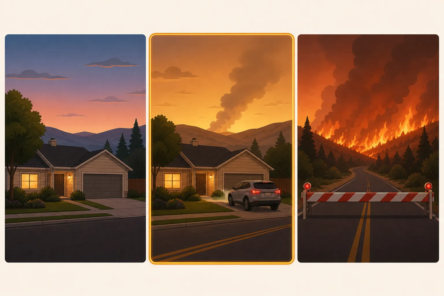 Three-panel illustration of wildfire evacuation progressing from calm home to warning departure to blocked road