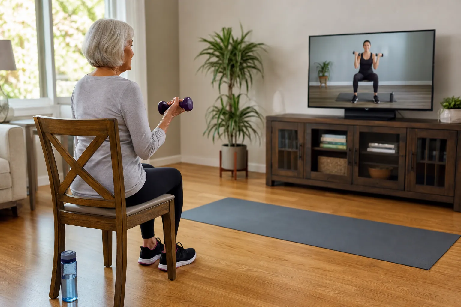 Older woman seated in a sturdy chair watching a home fitness video with a dumbbell and water nearby