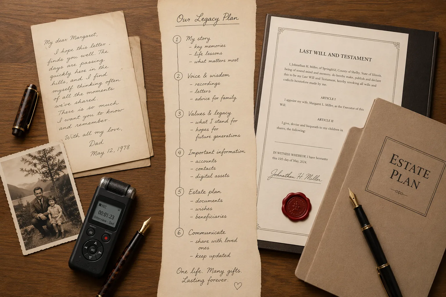 Wooden table with family photos, an audio recorder, legal documents, and a checklist connecting memory preservation with estate planning